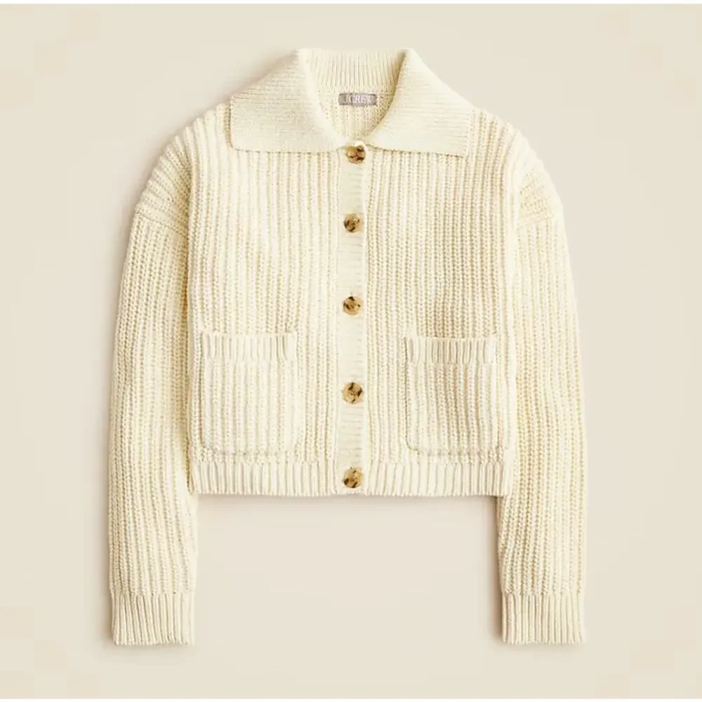 J. Crew Collared Crewneck Cardigan in Chunky Knit Ivory NWT size XXS